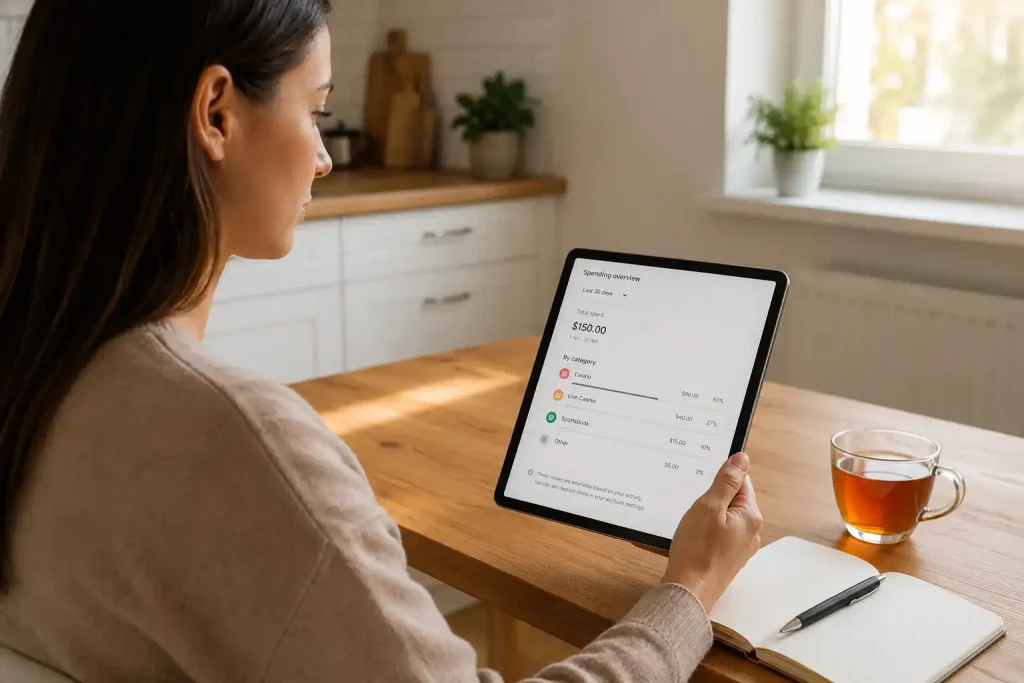A player reviewing a month of casino spending on a tablet