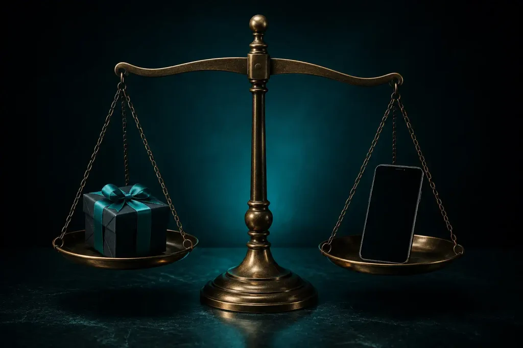 A balance scale weighing a wrapped gift box against a smartphone wallet, representing whether a bonus is worth switching method