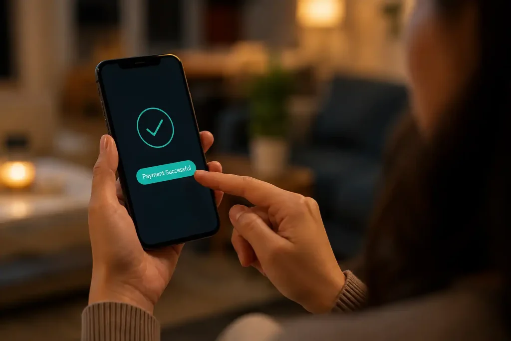 Hands tapping a confirm button on a smartphone to complete a casino deposit through Skrill