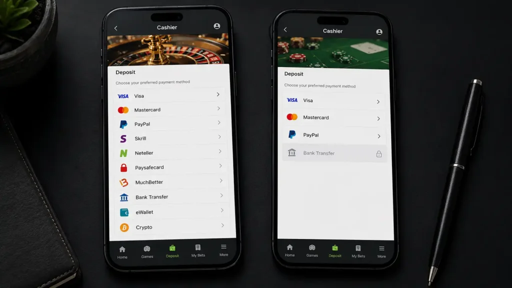 Two casino cashier pages compared for available e-wallet options