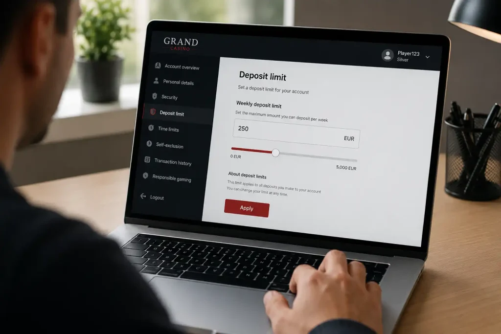 A casino account screen where a deposit limit is being set
