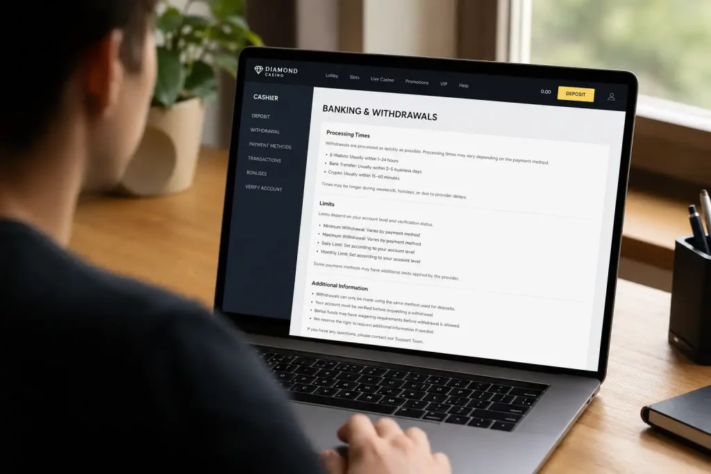 A casino banking page being read for its payout terms before joining