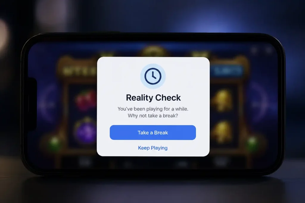 A reality-check prompt interrupting a casino session to show elapsed time