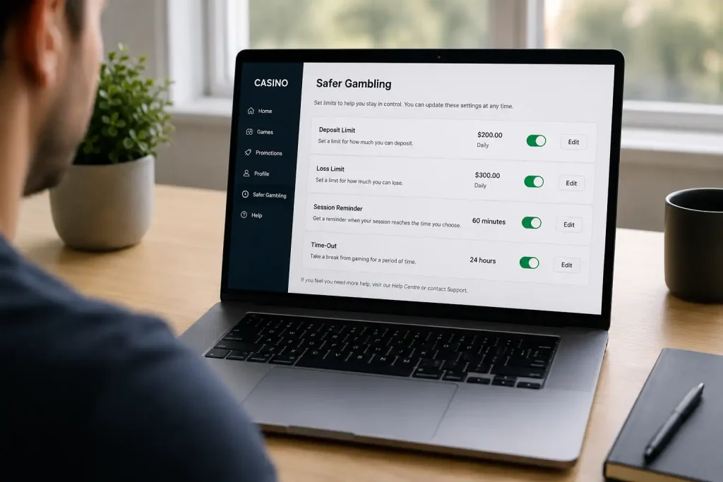 A casino safer-gambling settings page with deposit-limit and time-out toggles