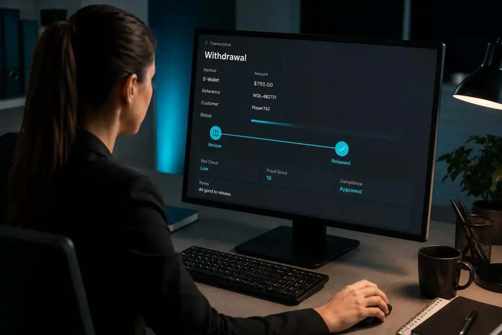 Casino compliance review stage that releases a Skrill withdrawal before the wallet credits the balance