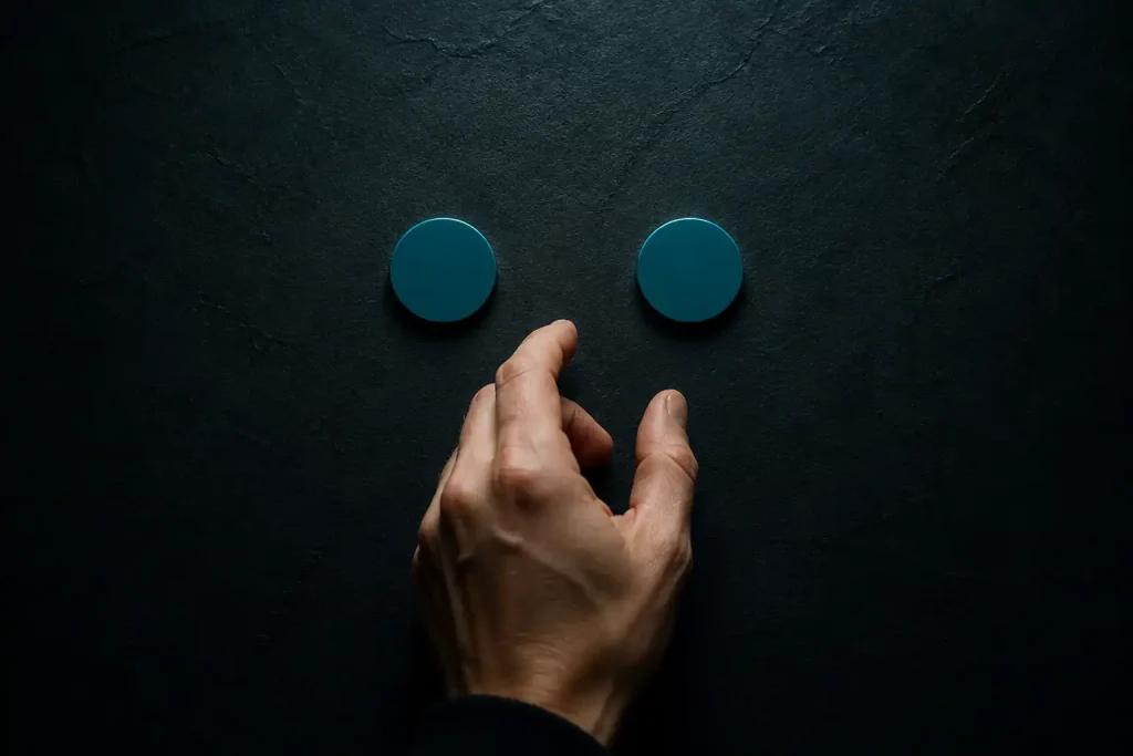 A hand choosing one of two identical tokens on a table, representing the choice between Skrill and Neteller