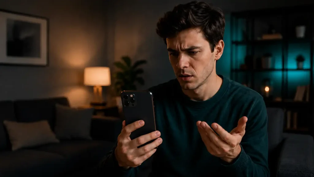 A person frowning at a smartphone showing a declined payment warning while troubleshooting a Skrill deposit