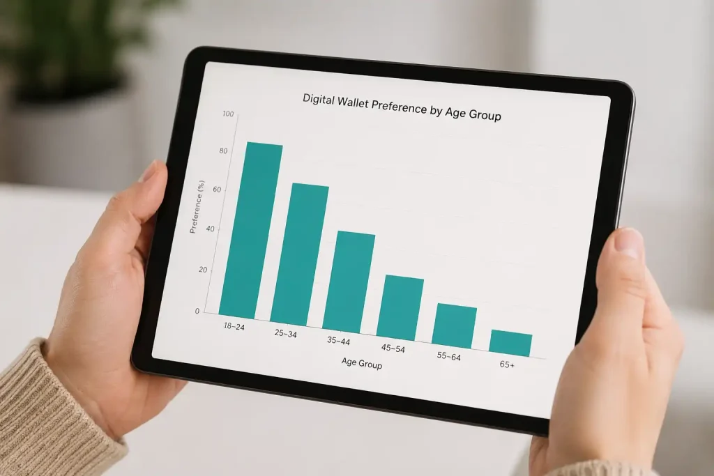 A clean chart comparing digital wallet preference across UK age groups