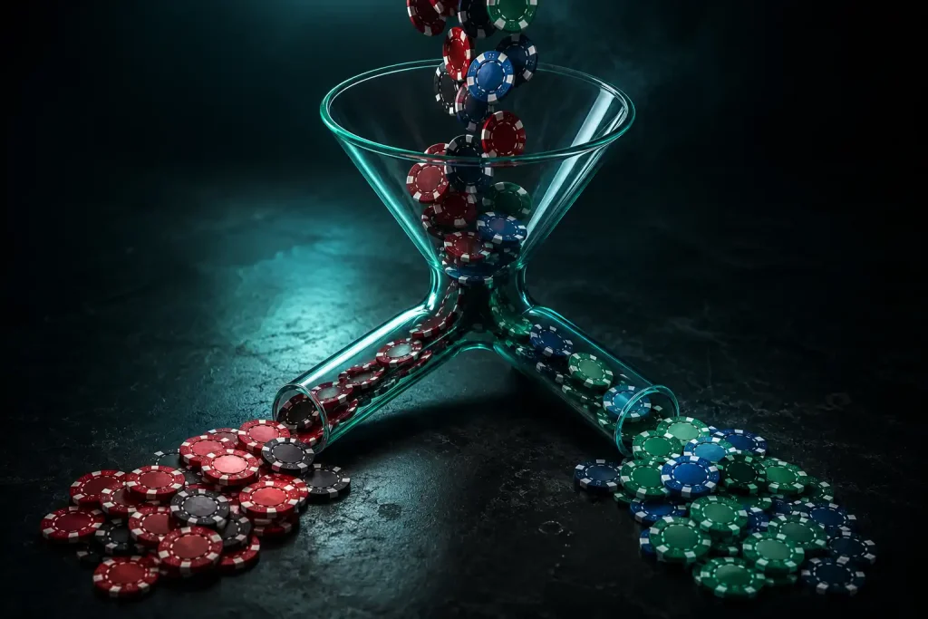 A funnel filtering casino chips into two streams, representing how operators exclude e-wallets from bonuses