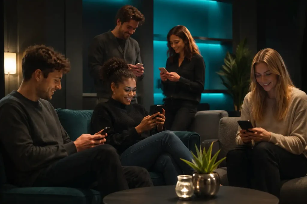 A group of young adults using smartphones in a casual setting, representing the typical e-wallet casino player profile