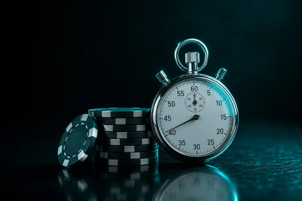 A stopwatch resting beside casino chips on a dark table, representing a genuine fast-payout casino