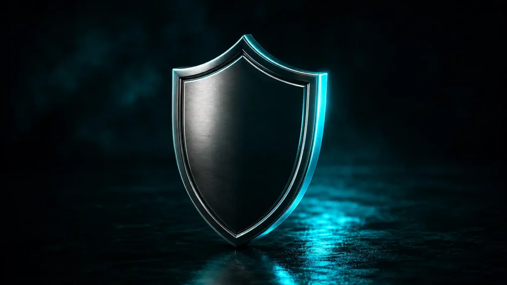 A metal shield emblem under teal light, representing FCA regulation protecting a Skrill wallet
