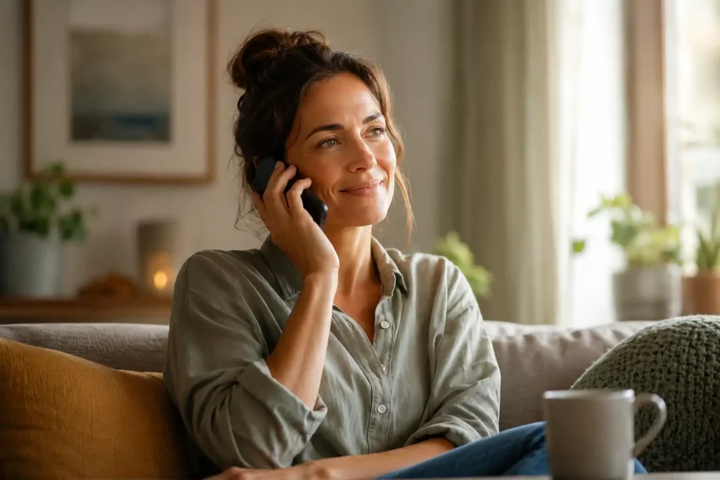 A person reaching out to a gambling support helpline in a calm setting