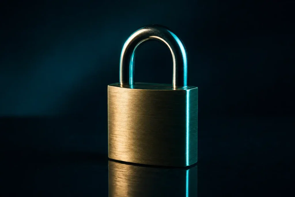 A closed brass padlock on a dark reflective surface under teal light, representing Skrill casino safety