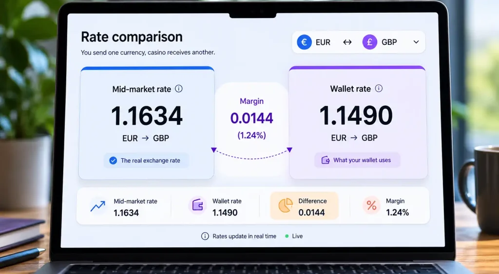 A screen comparing a wallet rate against the mid-market rate