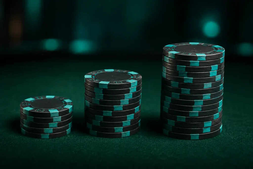 Three stacks of casino chips of increasing height representing five, ten and twenty pound deposit tiers