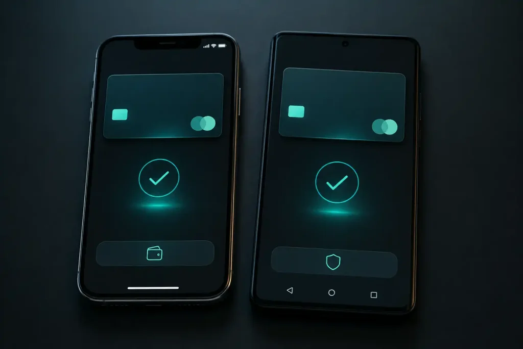 Two smartphones running iOS and Android side by side showing a mobile wallet payment for a casino