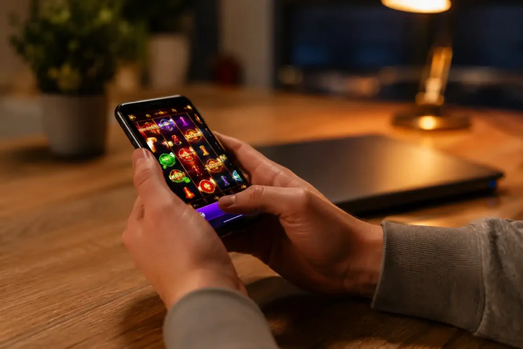 A player using Skrill at a casino on a smartphone rather than a laptop