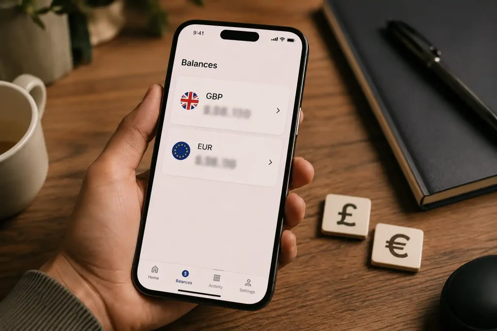 A wallet holding separate pound and euro balances side by side