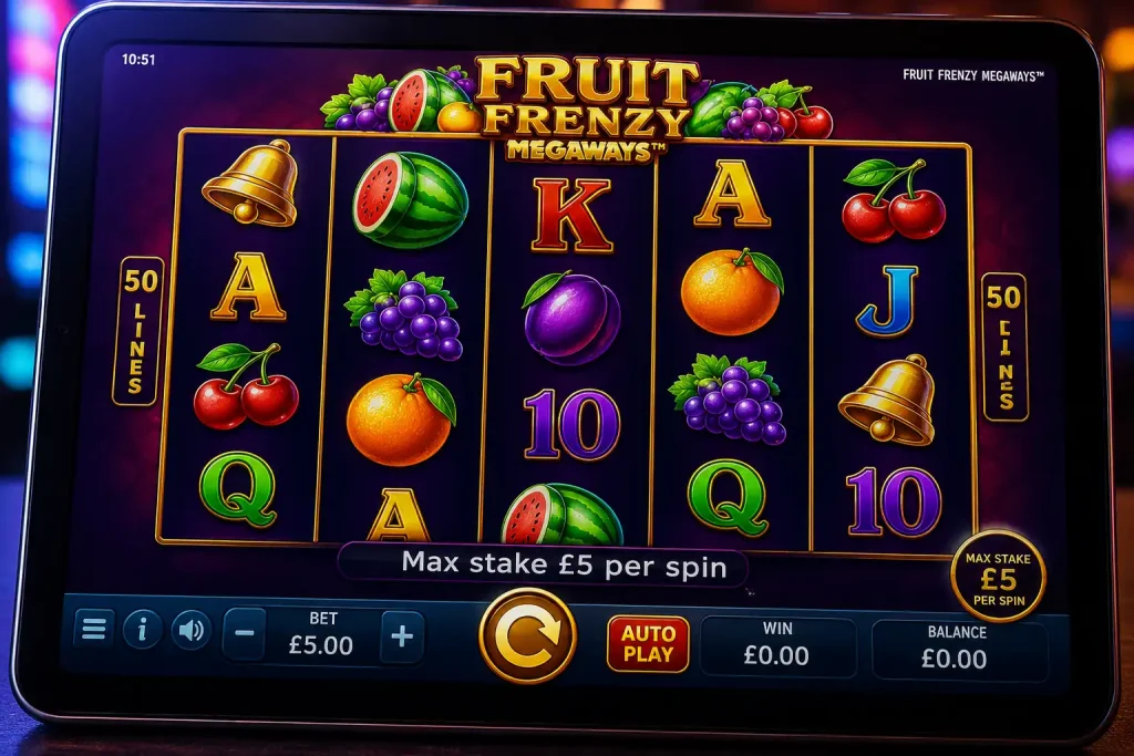 An online slot game with spinning reels and a capped maximum stake notice