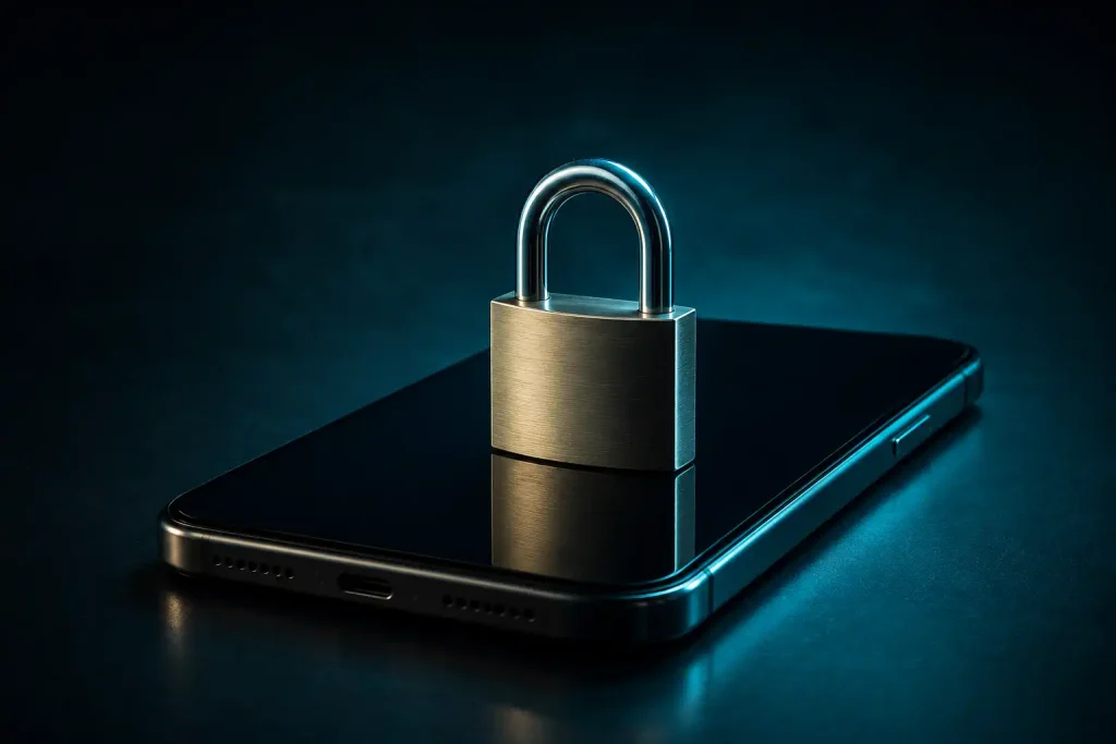 A sturdy padlock sitting on a smartphone, representing tokenisation and encryption shielding casino payments