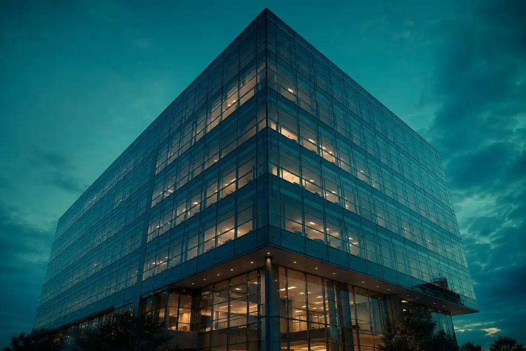 A modern glass corporate office building, representing Paysafe as the parent company of Skrill and Neteller