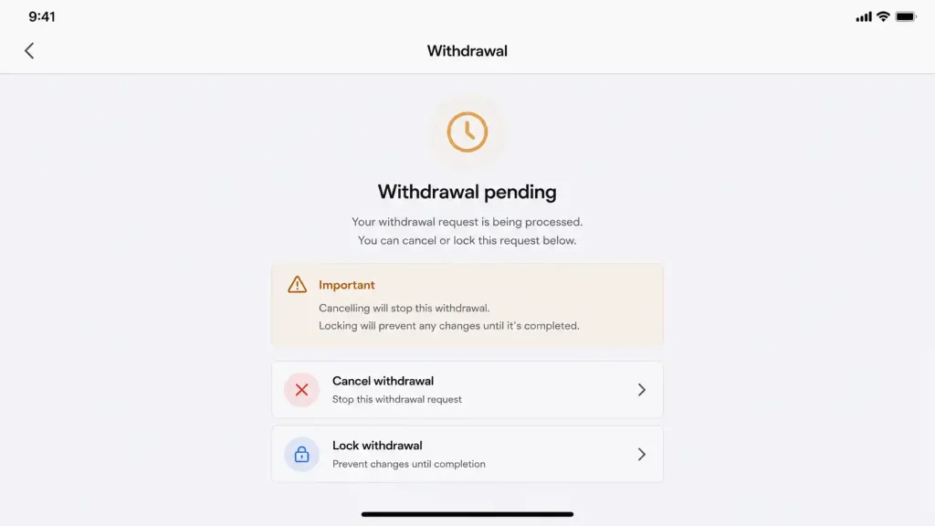 A casino cashier showing the option to cancel a pending withdrawal