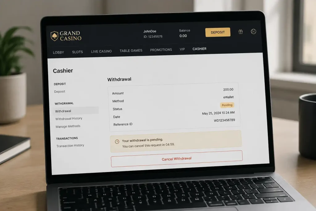 A casino account showing a withdrawal held in a pending state