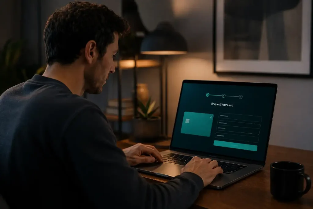 Requesting a Skrill prepaid card from a verified account on a laptop