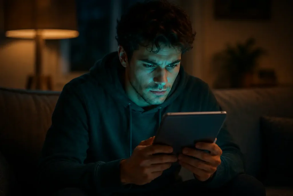 A player carefully reading the fine print of casino bonus terms on a tablet with a magnifier