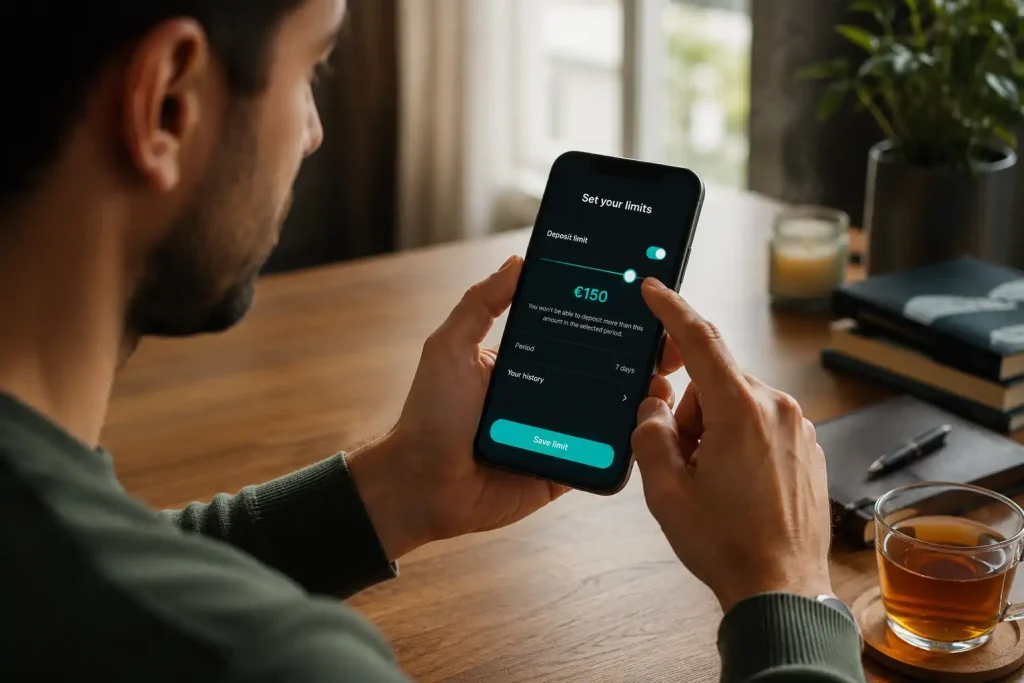 Player setting a deposit limit and using responsible gambling controls before funding a Skrill casino account