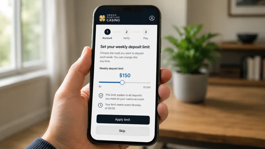 A player choosing a self-set weekly deposit limit on a wallet-funded account