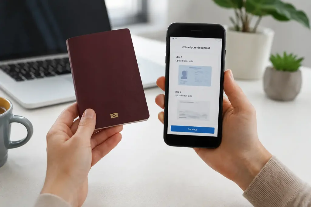 Hands holding identity documents to verify a Skrill account