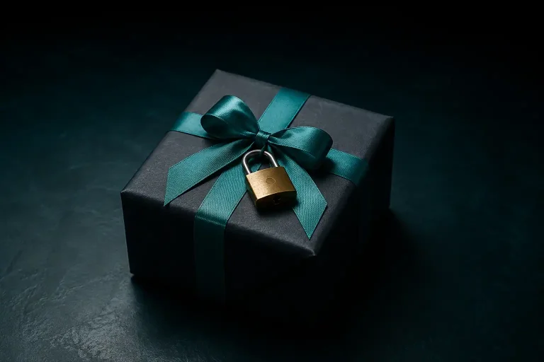 A wrapped gift box with a small padlock on it under teal light, representing an excluded Skrill casino bonus
