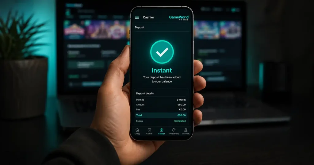 Instant Skrill deposit confirmation at a UK online casino cashier with no card details entered