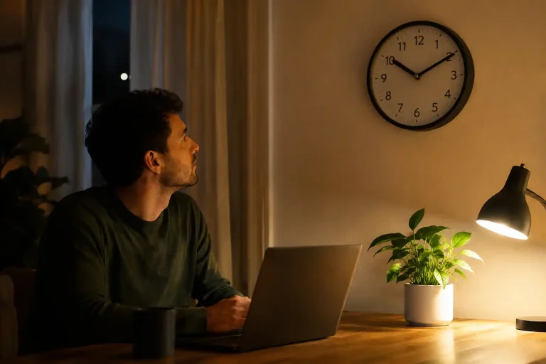A player checking the time during an evening online casino session