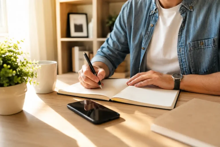 A player planning a monthly casino budget with a notebook and phone