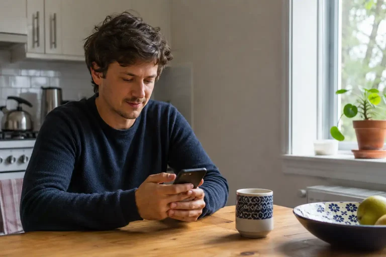 A player reviewing their Skrill casino activity on a smartphone at home