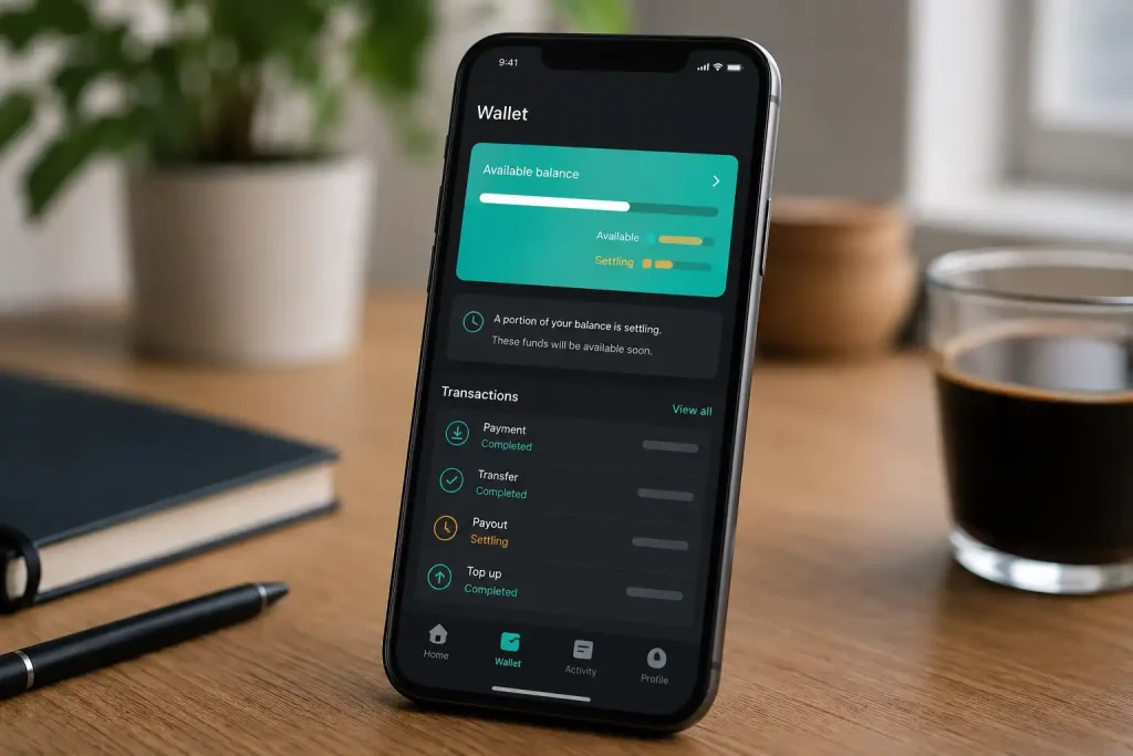A Skrill wallet showing funds still settling below the spendable balance
