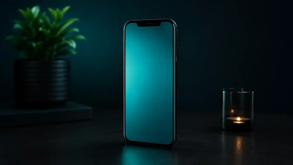 A smartphone with a soft teal glow standing on a dark desk, representing a Skrill casino deposit