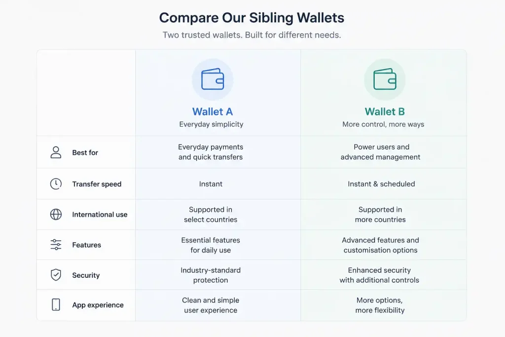 A side-by-side comparison of two sibling wallets and their small differences