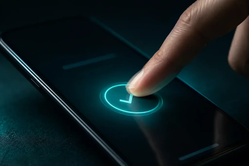 A finger making a single tap on a phone to approve a repeat Skrill casino deposit