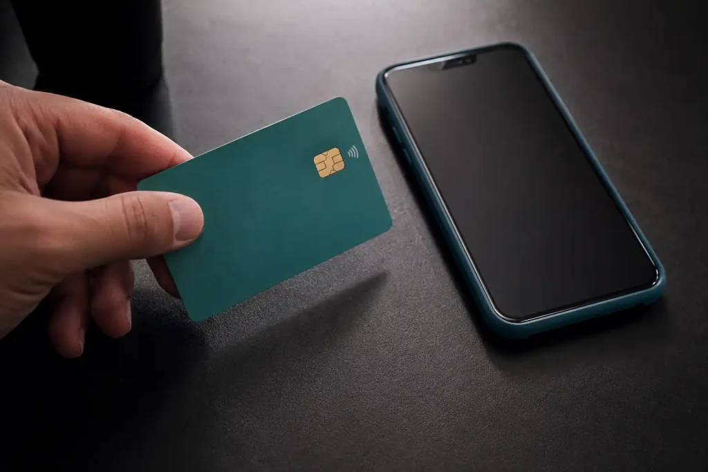 A plain teal prepaid card held beside a smartphone showing a wallet balance