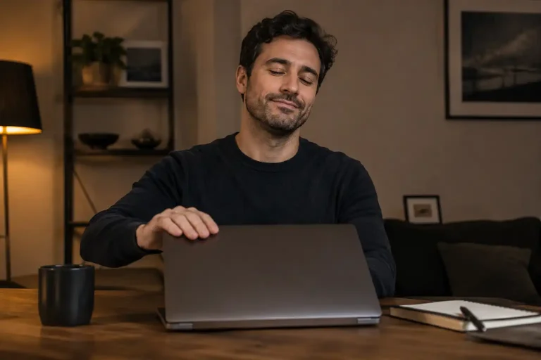 A player closing a laptop after securing a casino payout