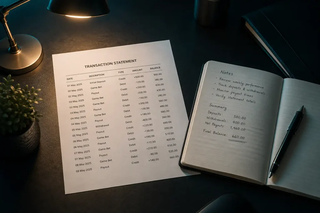 A printed transaction statement and a notebook used to keep records of casino withdrawals