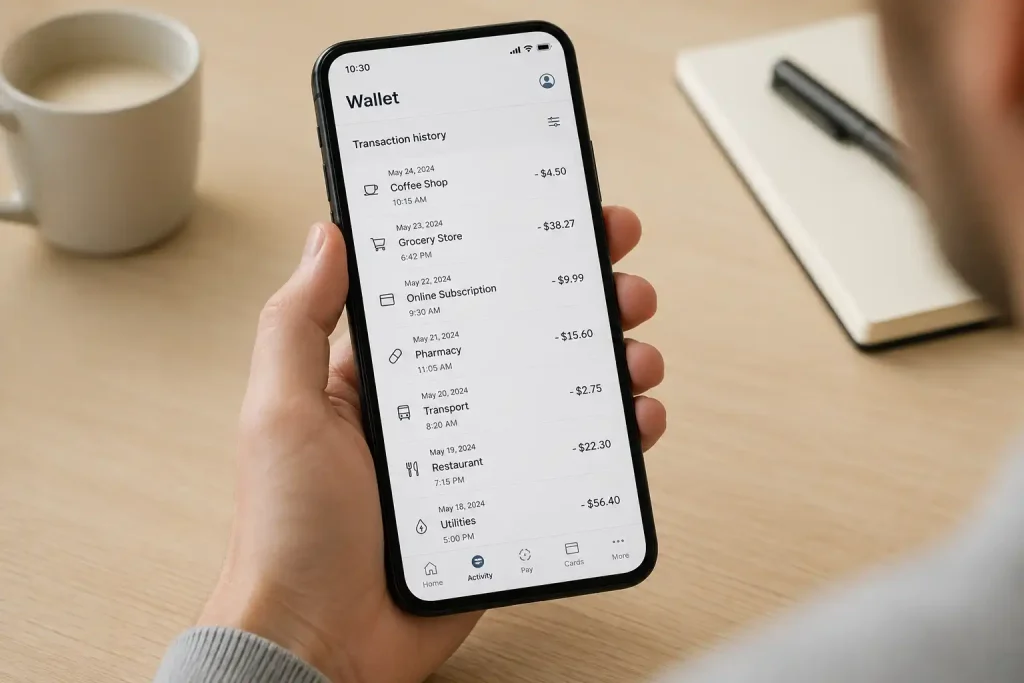 A clean wallet transaction history listing gambling payments for review