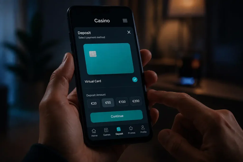 A virtual Skrill card used to deposit at an online casino on a phone