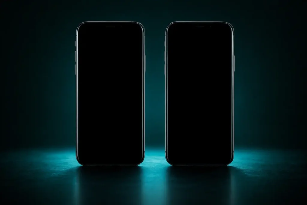 Two matching smartphones side by side on a dark surface, representing the choice between Skrill and Neteller