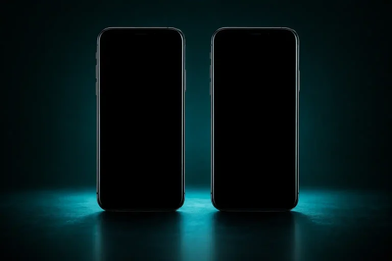 Two matching smartphones side by side on a dark surface, representing the choice between Skrill and Neteller