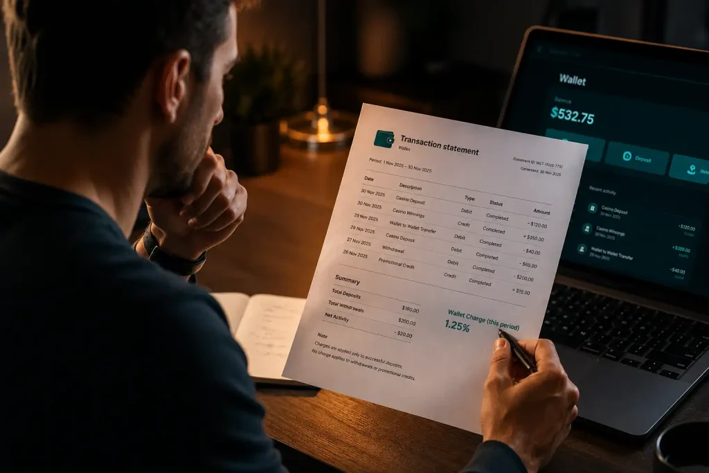 Player reviewing a Skrill wallet statement showing the typical card withdrawal cost applied on cash-out